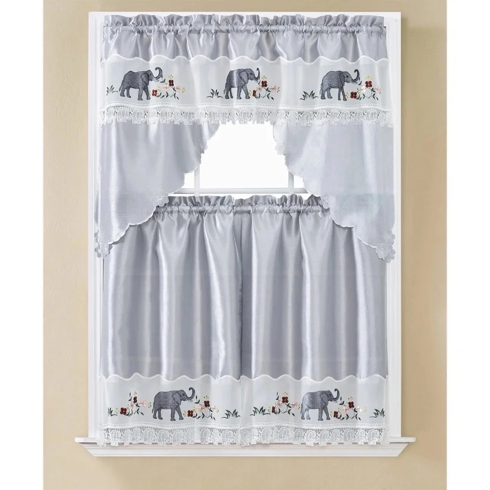 NEW 3 pc. Grace Embroidery Curtains Set: 2 Tiers & Swag, ELEPHANTS w FLOWERS